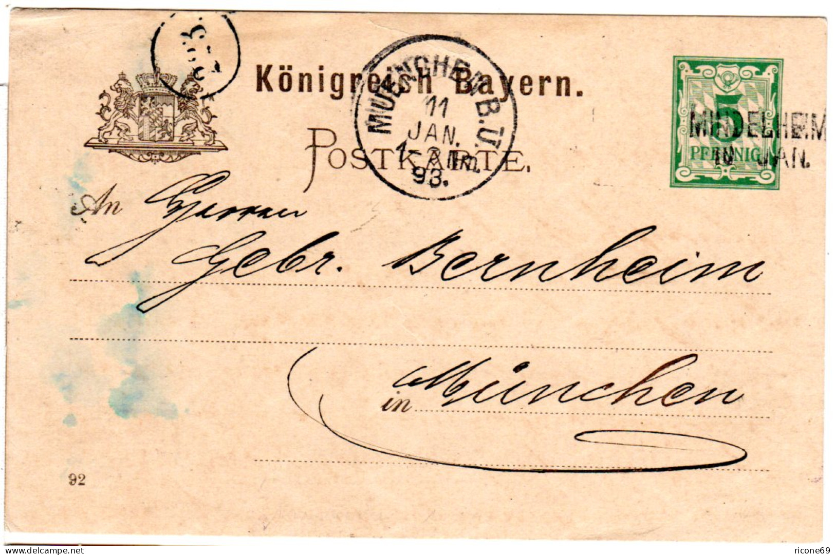 Bayern 1893, Aushilfstpl. L1 MINDELHEIM Sauber Auf 5 Pf. Ganzsache - Lettres & Documents