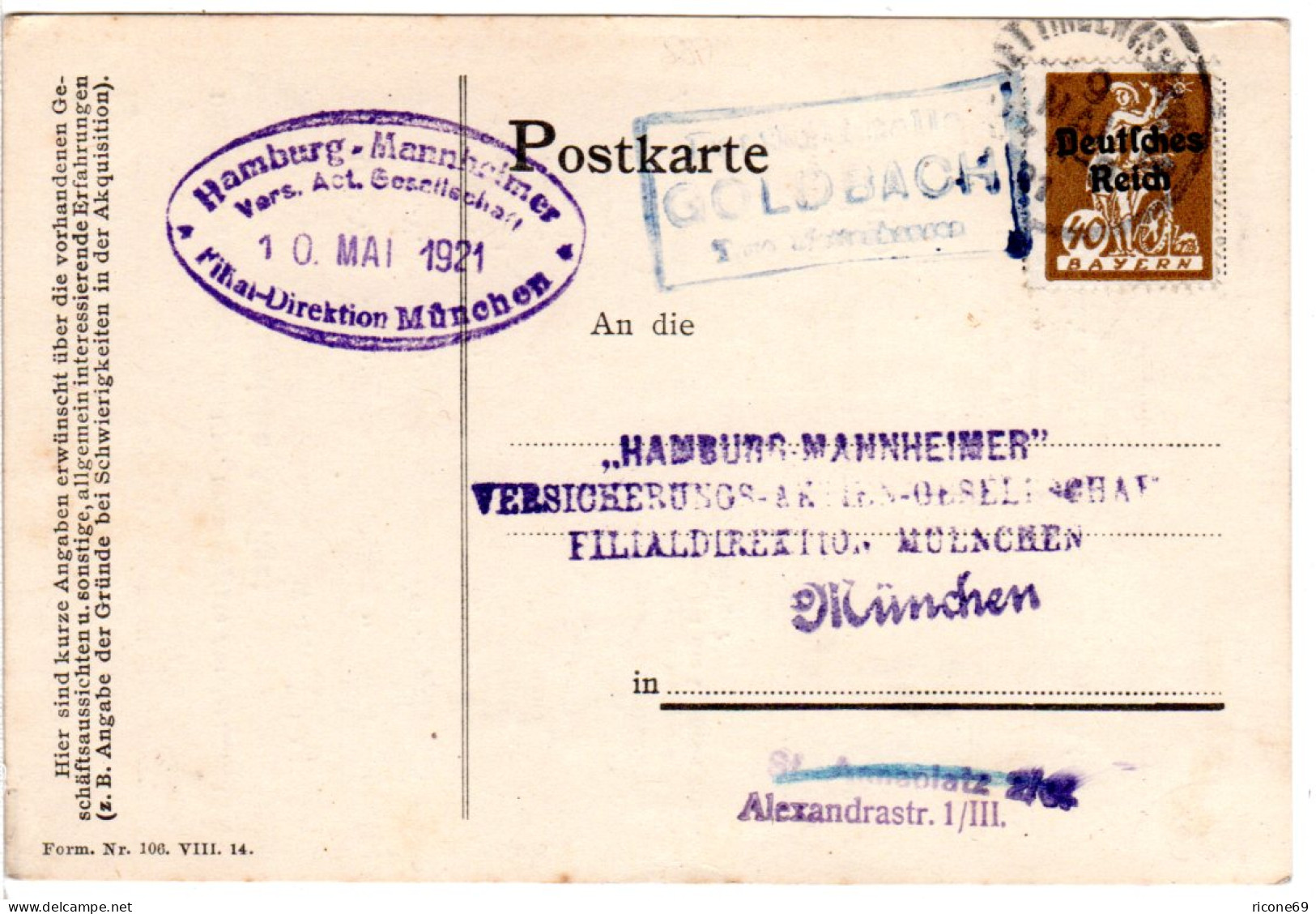 DR 1921, Bayern Posthilfstelle GOLDBACH Taxe Wellenhausen Auf Karte M. 40 Pf.  - Cartas & Documentos