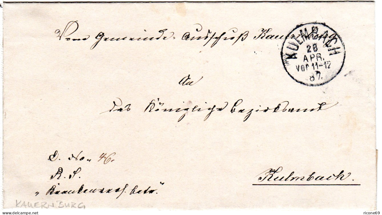 Bayern 1887, K1 KULMBACH Auf Amtsbrief Des Gemeinde Ausschuß Kauernburg. - Lettres & Documents