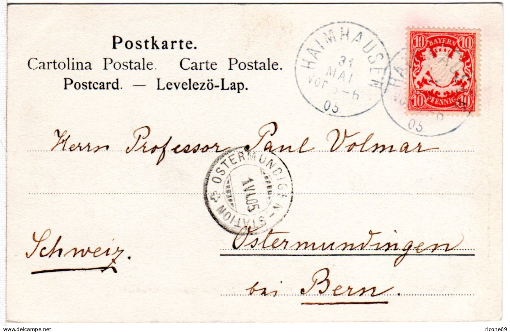 Bayern 1905, K1 HAIMHAUSEN Auf Karte M. 10 Pf. N. Ostermundingen B. Bern Schweiz - Lettres & Documents