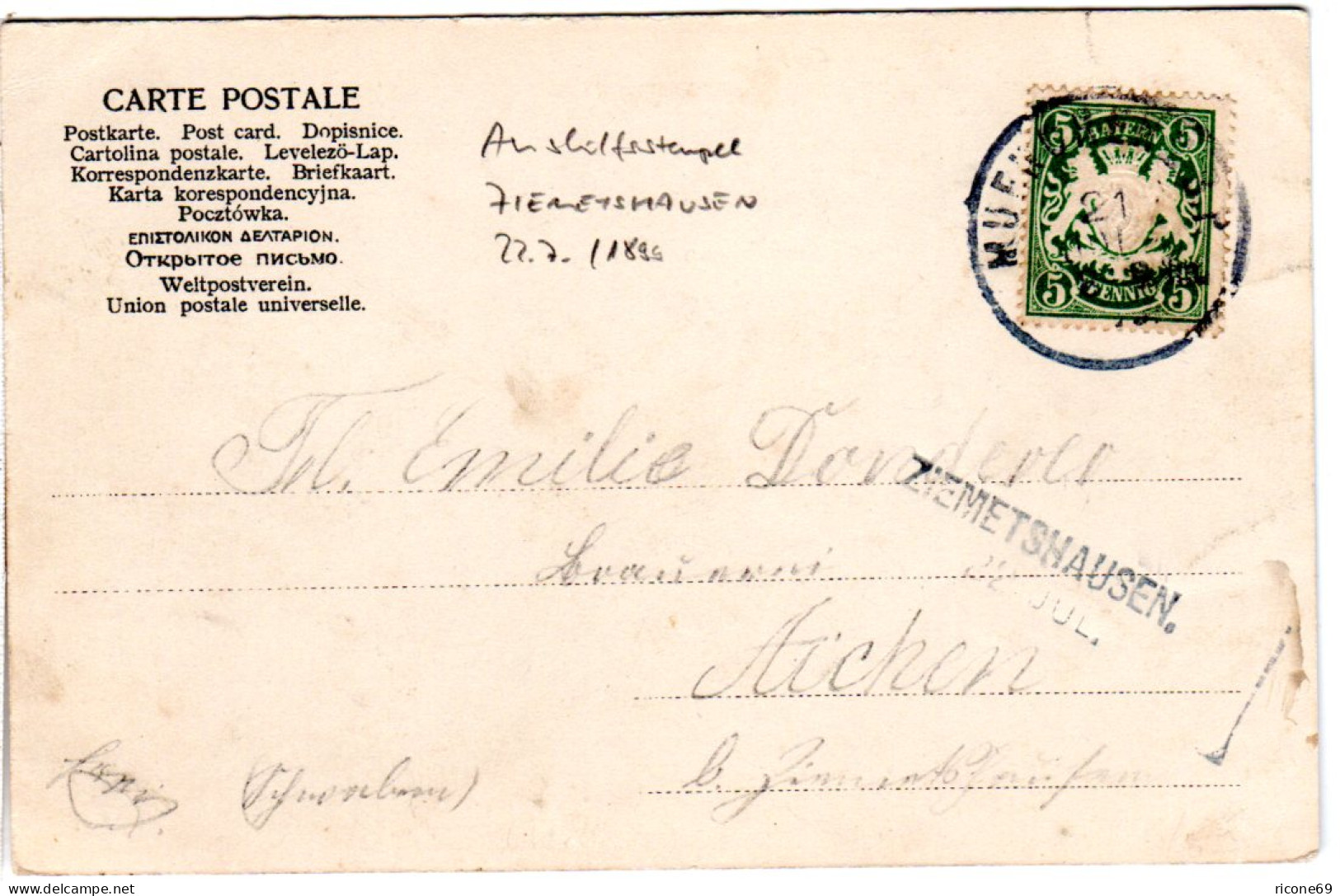 Bayern 1899, Aushilfstpl. L1 ZIEMETSHAUSEN Als Ank.Stpl. Auf AK M. 5 Pf.  - Covers & Documents