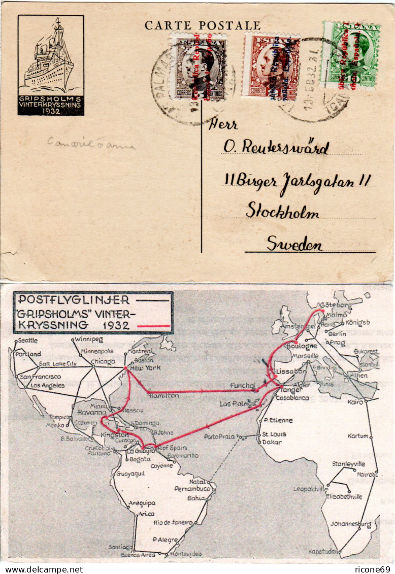 Spanien 1932, 3 Marken Auf Illustrierter Karte D. Gripsholm Winter Kreuzfahrt - Lettres & Documents