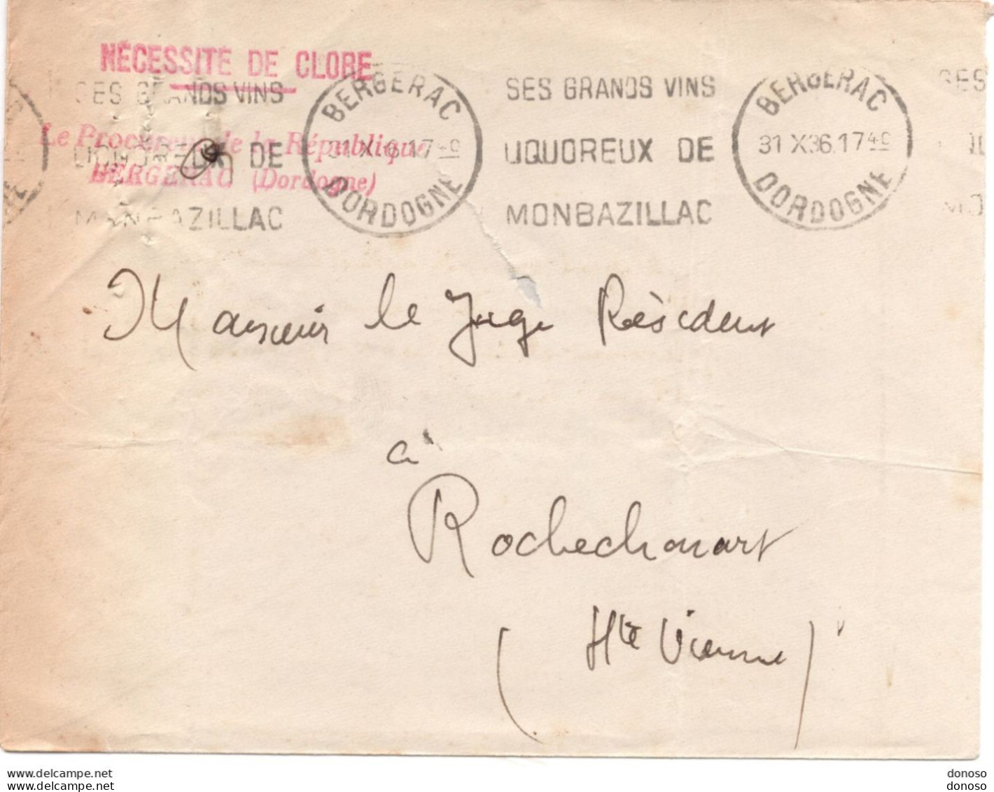 Lettre De 1936 Pour Procureur De La République De Bergerac Pour Rochechouart - Civil Frank Covers