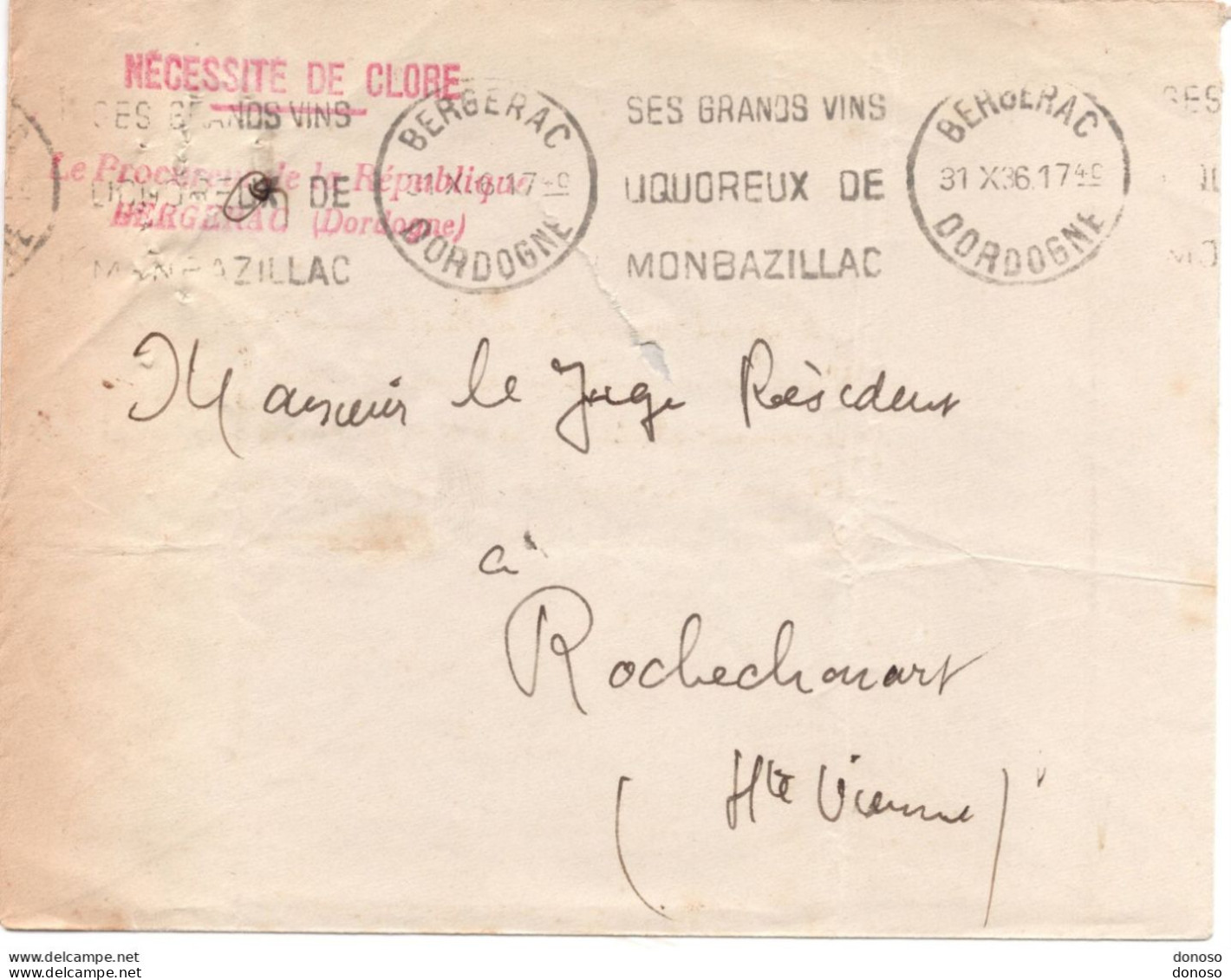 Lettre De 1936 Pour Procureur De La République De Bergerac Pour Rochechouart - Frankobriefe