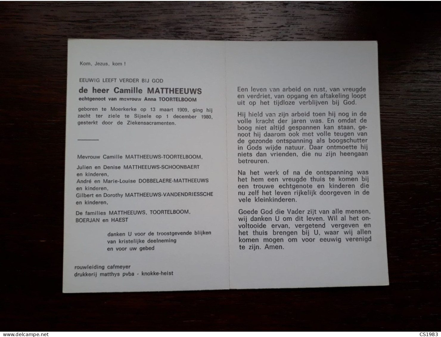 Camille Mattheeuws ° Moerkerke 1909 + Sijsele 1980 X Anna Toortelboom (Fam: Boerjan - Haest - Schoonbaert - Dobbelaere) - Obituary Notices