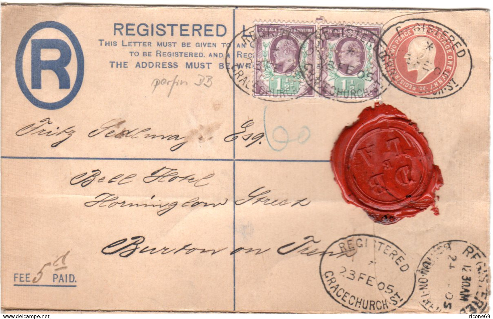 GB 1905, Paar 1 1/2d Zusatzfr. Auf Einschreiben Ganzsache Brief V. GRACECHURCH - Other & Unclassified