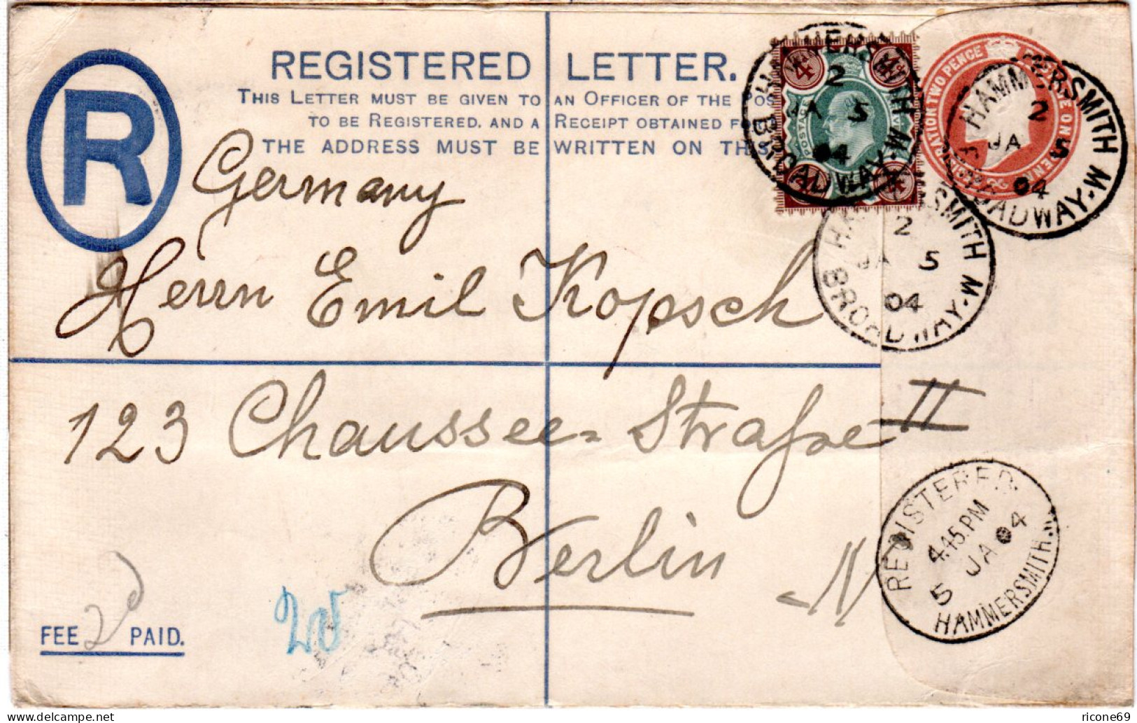 GB 1904, 4d Zusatzfr. Auf Einschreiben Ganzsache Brief N. Deutschland - Other & Unclassified