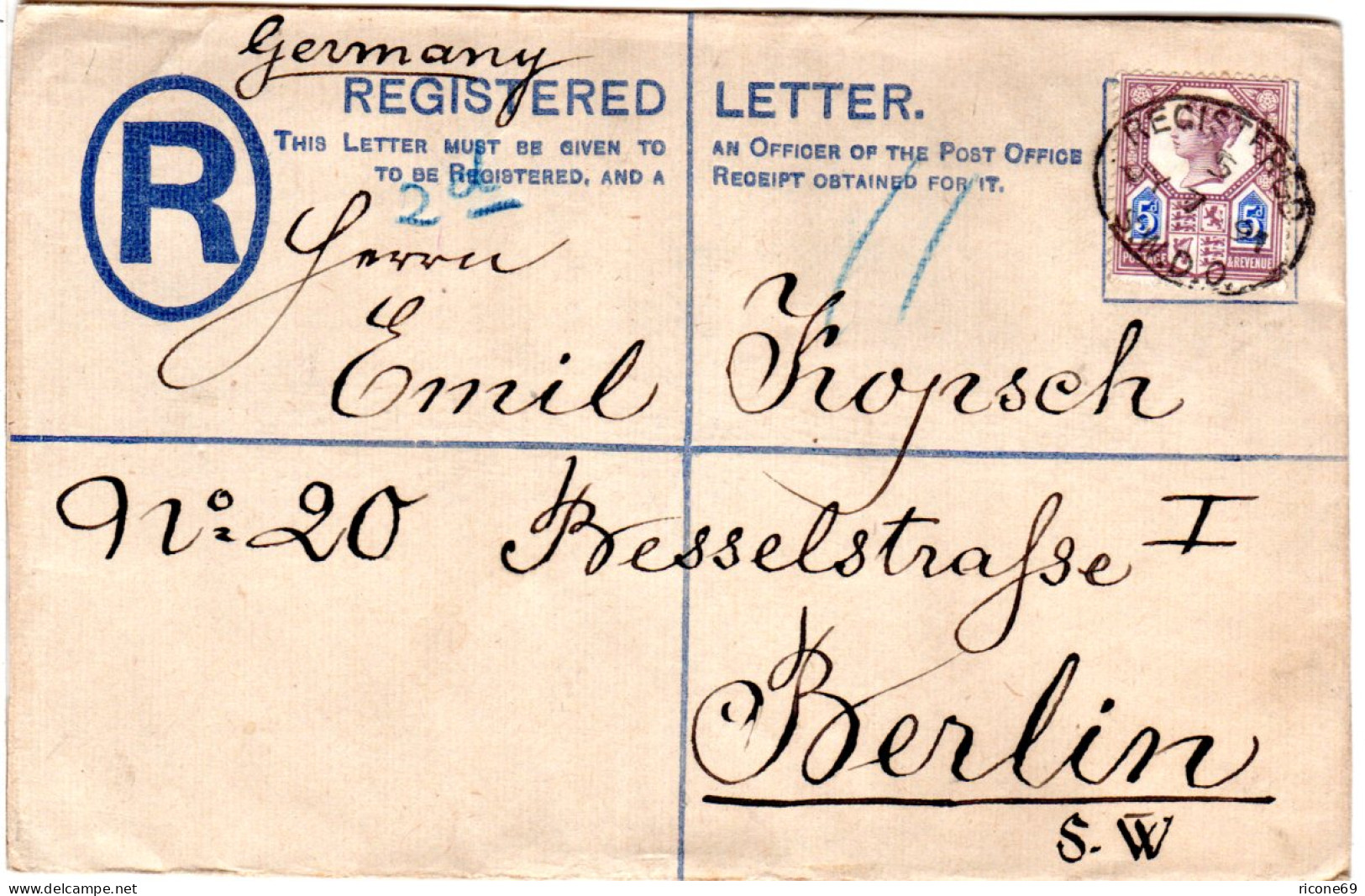 GB 1891, 5d Zusatzfr. Auf Einschreiben Ganzsache Brief N. Deutschland - Other & Unclassified