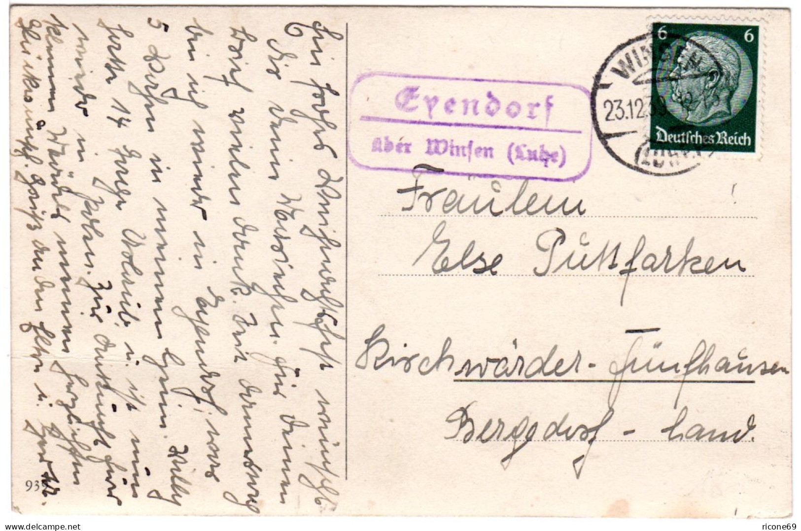 DR 1939, Landpost Stpl. EYENDORF über Winsen Klar Auf Karte M. 6 Pf. - Lettres & Documents