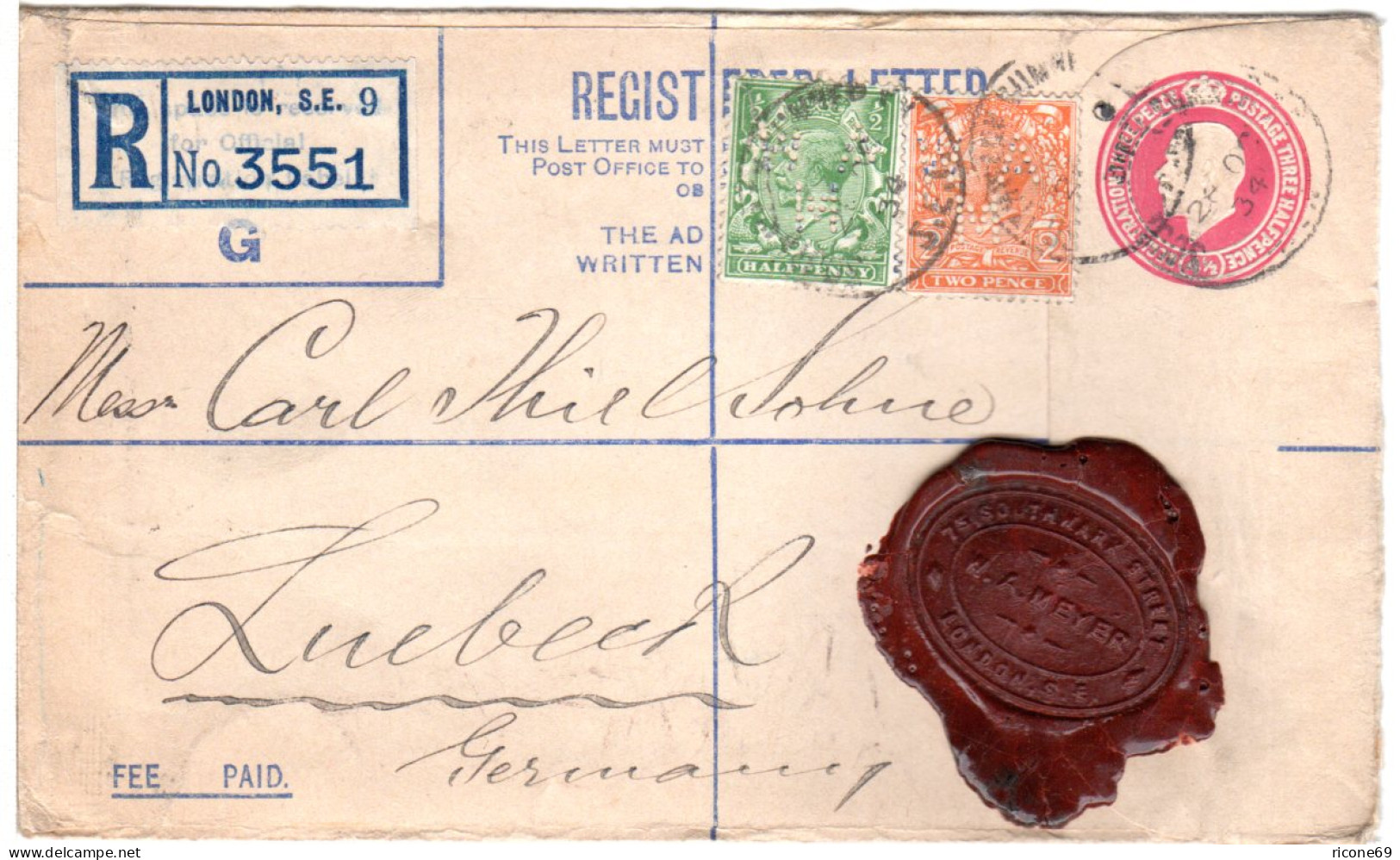 GB 1934, 1/2+2d Zusatzfr. Auf Einschreiben Ganzsache Brief V. London N. Lübeck - Autres & Non Classés