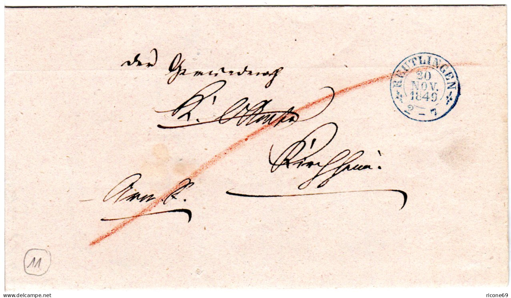 Württemberg 1849, Blauer Zier-K2 REUTLINGEN Auf Brief N. Kirchheim - [Voorlopers