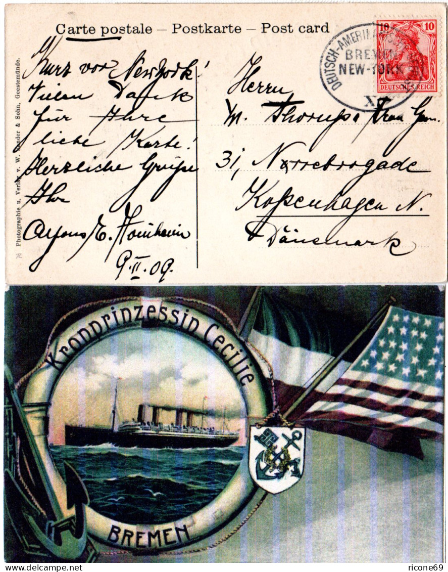 DR 1909, Deutsch-Amerikanische Seepost Bremen New-York X Auf Karte M. 10 Pf. - Autres & Non Classés