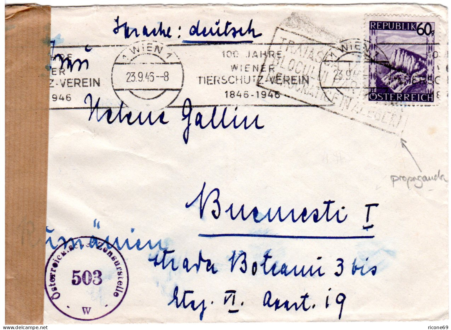 Österrech 1945, 60 G. Auf Zensur Brief V. Wien M. Rumänien Propaganda Stempel - Sonstige & Ohne Zuordnung