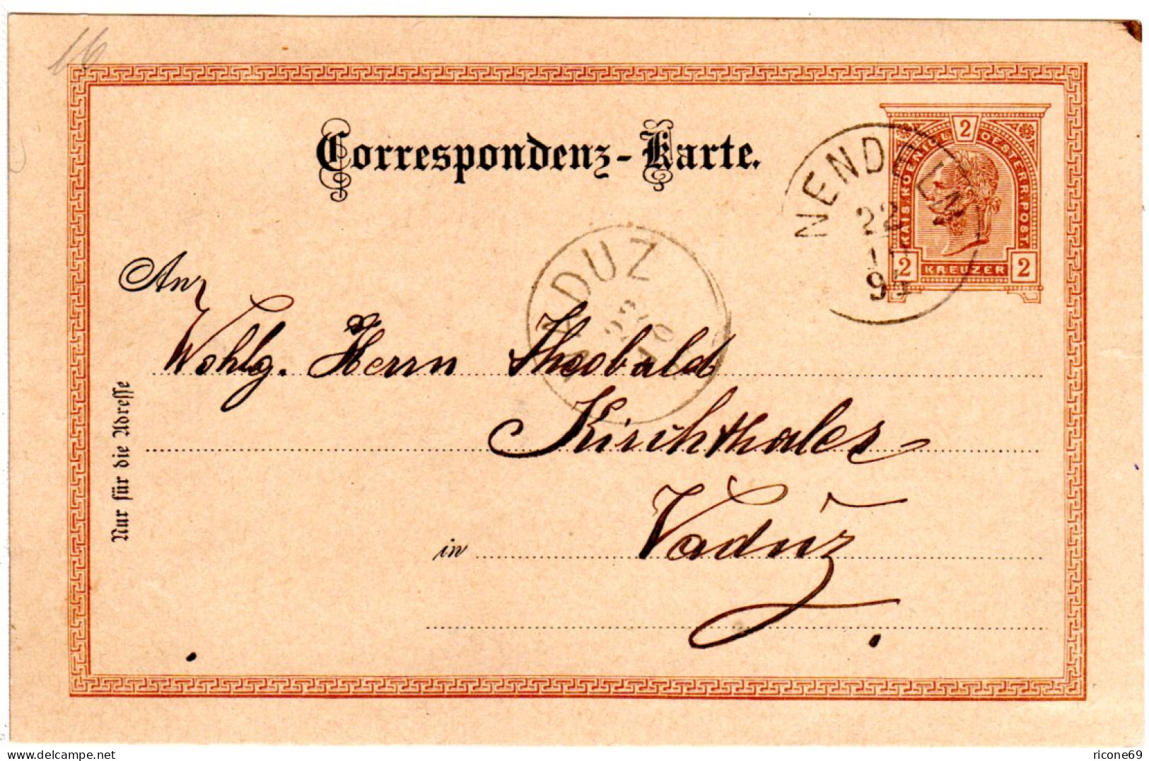Liechtenstein 1894, K1 NENDELN U. VADUZ Auf Österreich 2 Kr. Vorläufer Karte - Covers & Documents