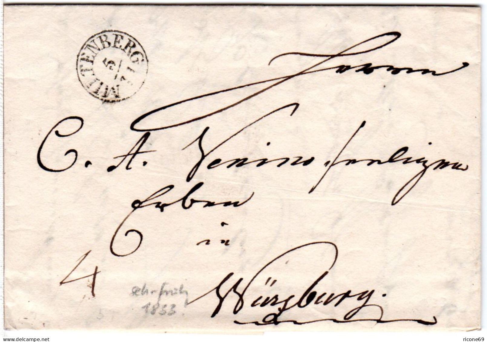 Bayern 1833, Fingerhut Stpl. MILTENBERG (sehr Früh!) Auf Porto Brief N. Würzburg - [Voorlopers