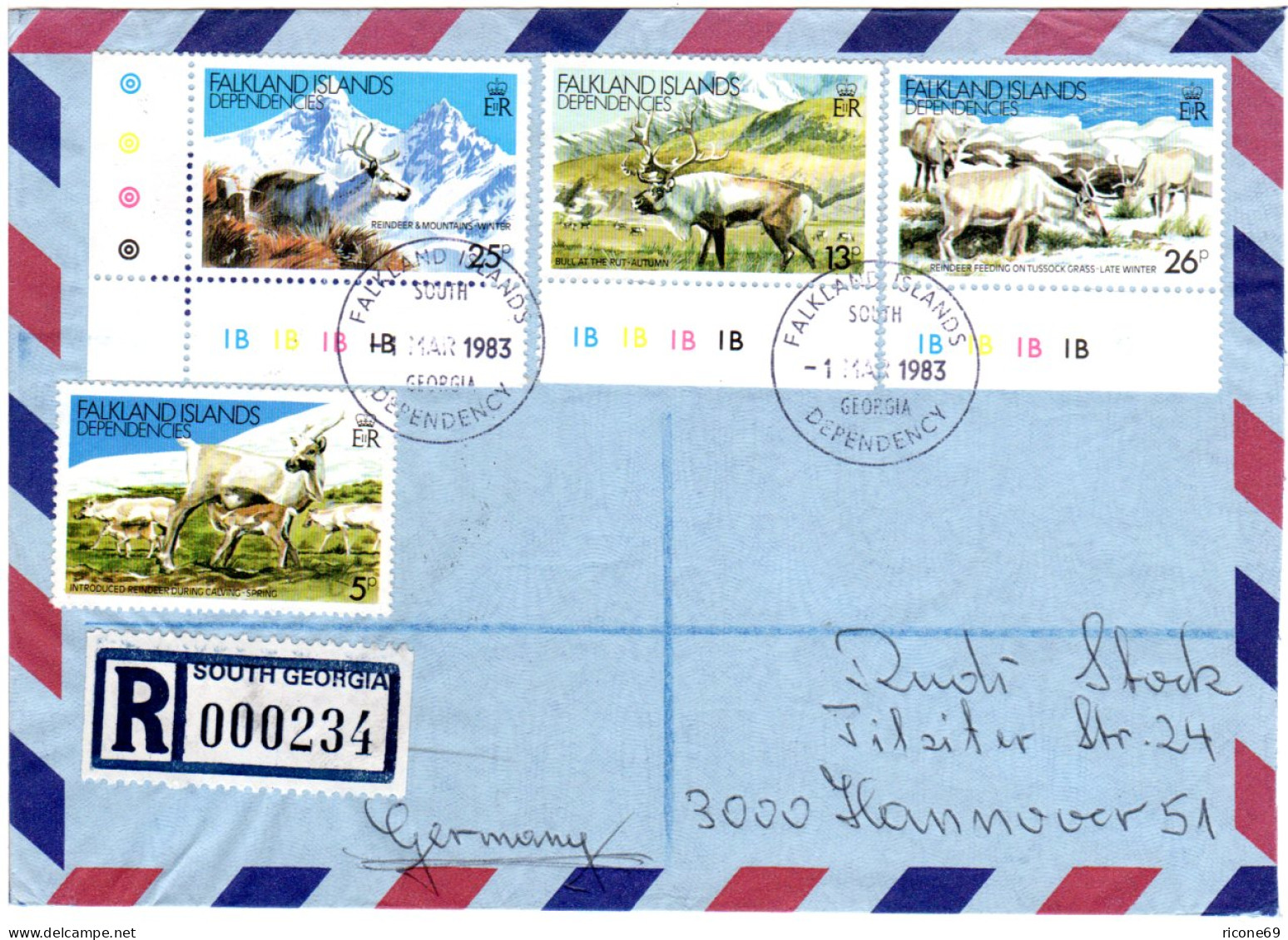 Falkland Inseln Gebiete 1983, 4 Werte Rentiere Kpl. Ausagbe Auf R-Brief N. Dt. - Falkland