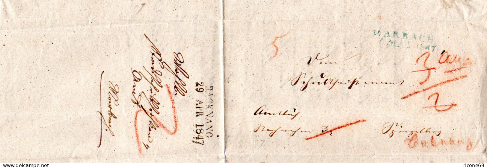 Württemberg 1847, L2 BACKNANG U. MARBACH Auf 2mal Verwendetem Brief, 1xNachnahme - Prephilately