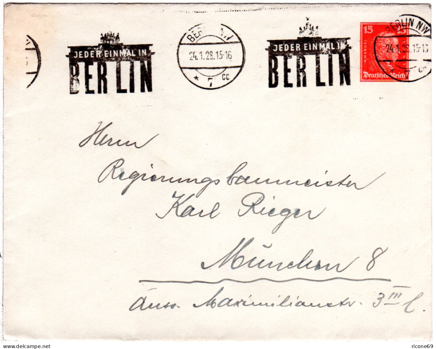 DR 1928, 15 Pf. Kant Privatganzsache Umschlag M. Berlin Brandenburger Tor Stpl. - Lettres & Documents