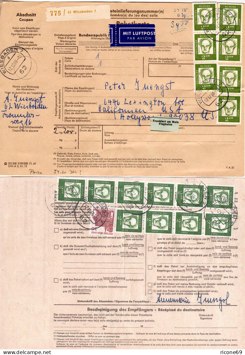 BRD 1966, 17x2 Mk.+20 Pf. Auf Luftpost Paketkarte V. Wiesbaden N. USA - Storia Postale