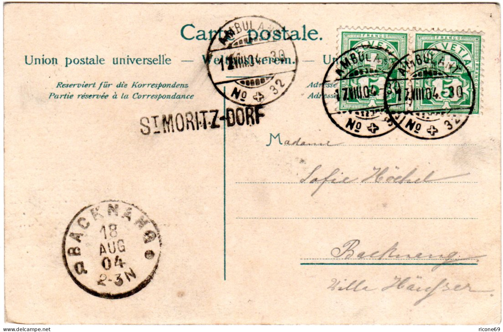 Schweiz 1904, L1- St. Moritz-Dorf Auf AK M. Paar 5 C. U. Bahnpost Ambulant No.32 - Storia Postale