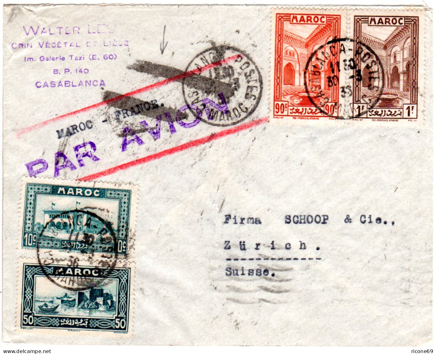 Marokko 1936, Luftpost Annullierungsstpl. Auf Brief V. Casablanca I.d. Schweiz - Africa (Other)