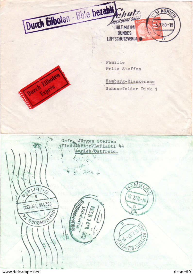BRD 1960, EF 80 Pf. Auf Express Brief V. Aurich M. Rücks. Hamburg Rohrpost Stpl. - Lettres & Documents
