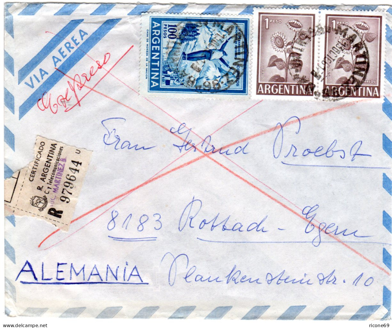 Argentinien 1958, 100+2x1 P. Auf Luftpost Reko Express Brief N. Rottach-Egern - Lettres & Documents