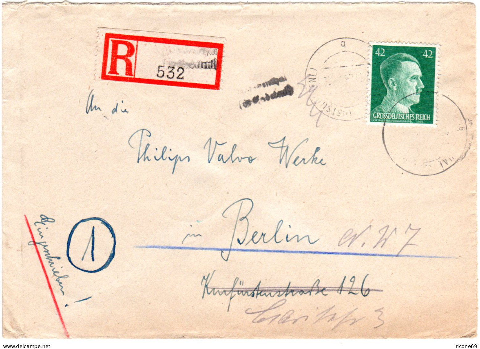 DR 1944, L2 Würbenthal (Ostsudeten) Auf Einschreiben Brief M. 42 Pf. N. Berlin. - Lettres & Documents