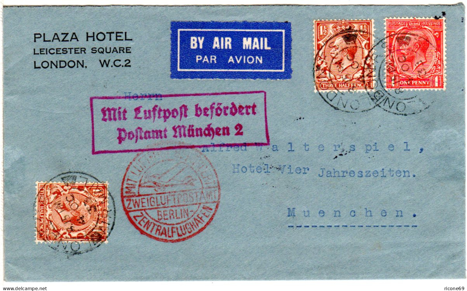 GB 1933, 1d+2x1 1/2d Auf Luftpost Brief V. London M. München Flugbestätigungs-R2 - Other & Unclassified