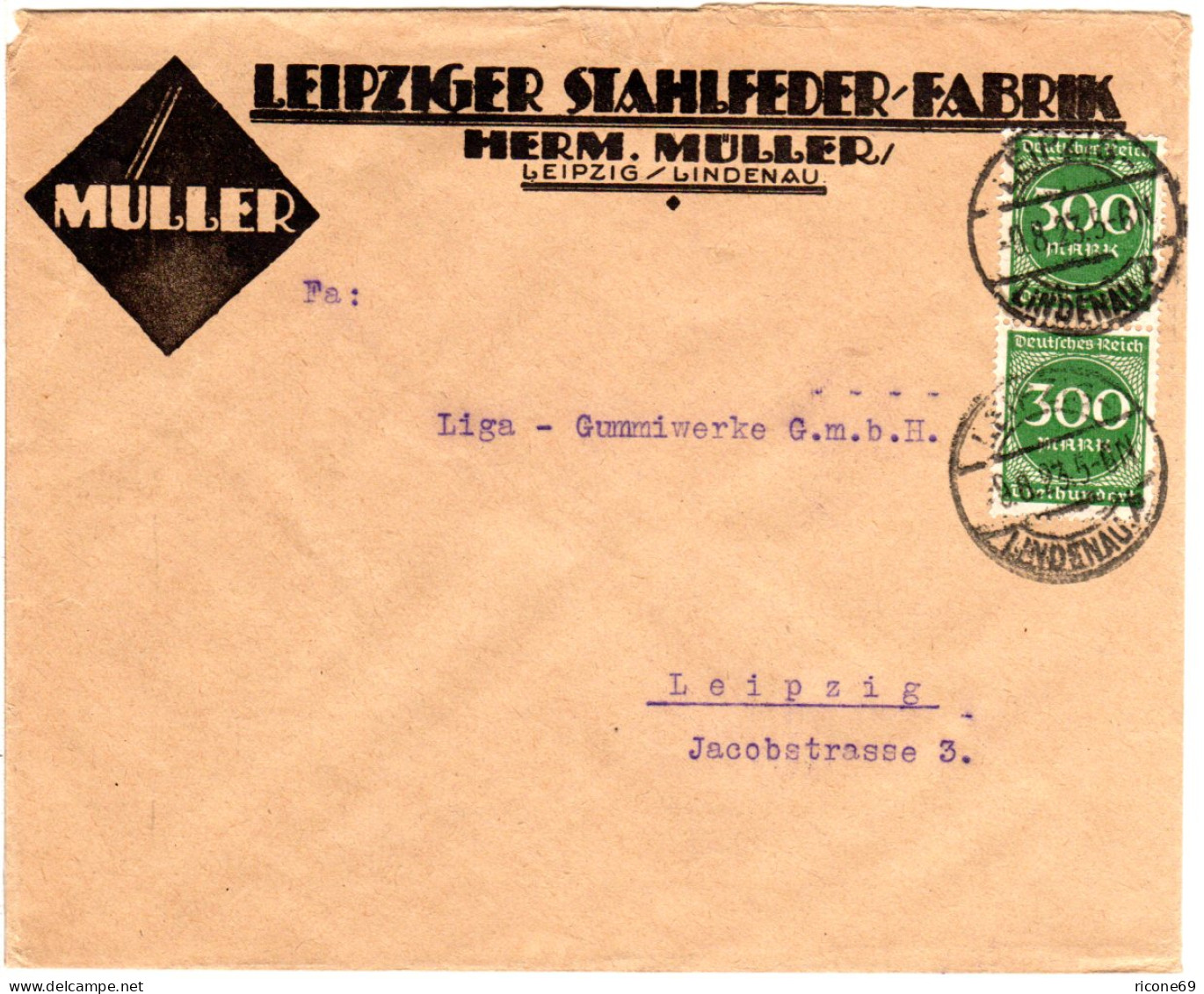 DR 1923, MeF 2x300 Mk. Auf Firmen Orts-Brief (21-100 Gramm) V. Leipzig-Lindenau - Lettres & Documents
