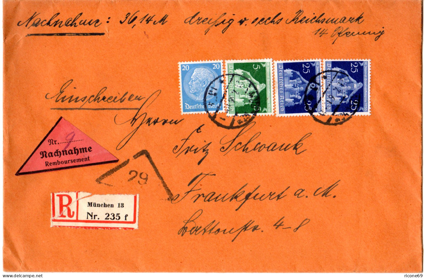 DR 1936, 5+20+2x25 Pf Auf Nachnahme Einschreiben Brief V. München 18 (Schwabing) - Briefe U. Dokumente