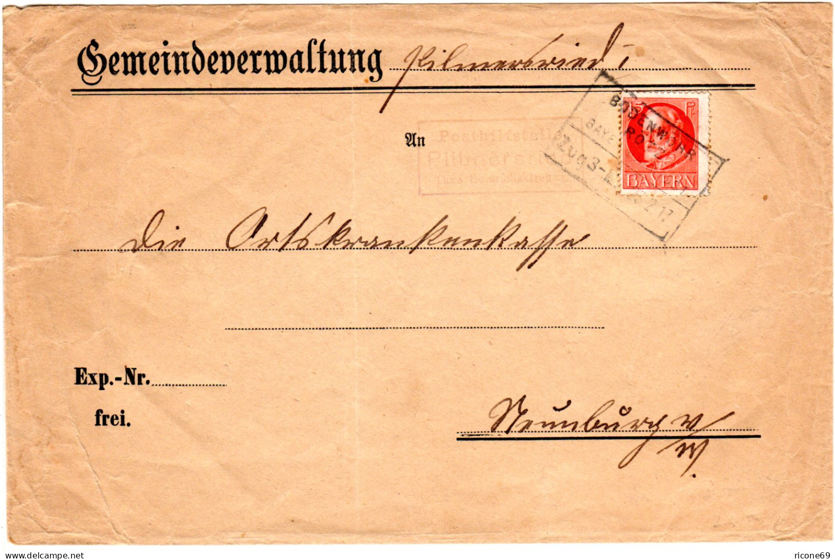 Bayern Posthilfstelle PILLMERSRIED Auf Gemeinde Brief M. 10 Pf. U. Bahnpoststpl. - Briefe U. Dokumente