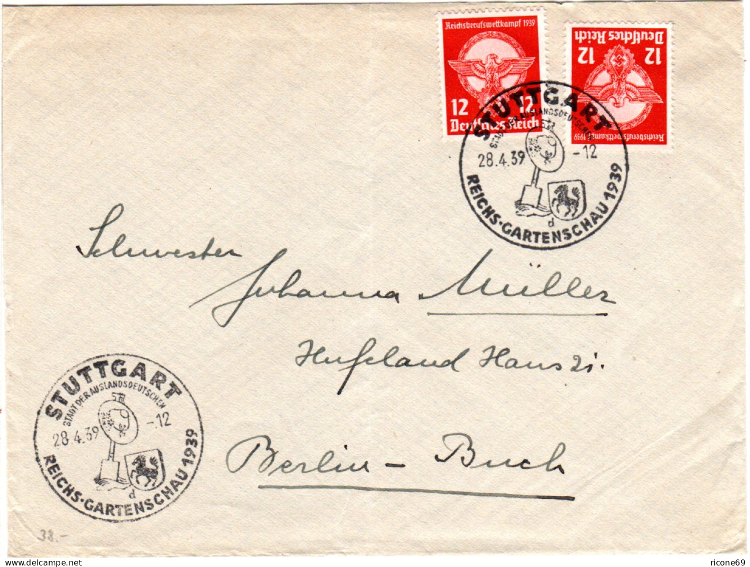DR 1939, MeF 2x12 Pf Auf Brief M. Sonderstpl. Stuttgart Reichs-Gartenschau - Sonstige & Ohne Zuordnung