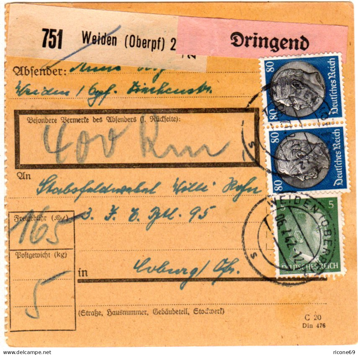DR 1942, 5+Paar 80 Pf. Auf Wert Paketkarte V. Weiden M. Extragebühr F. DRINGEND - Lettres & Documents