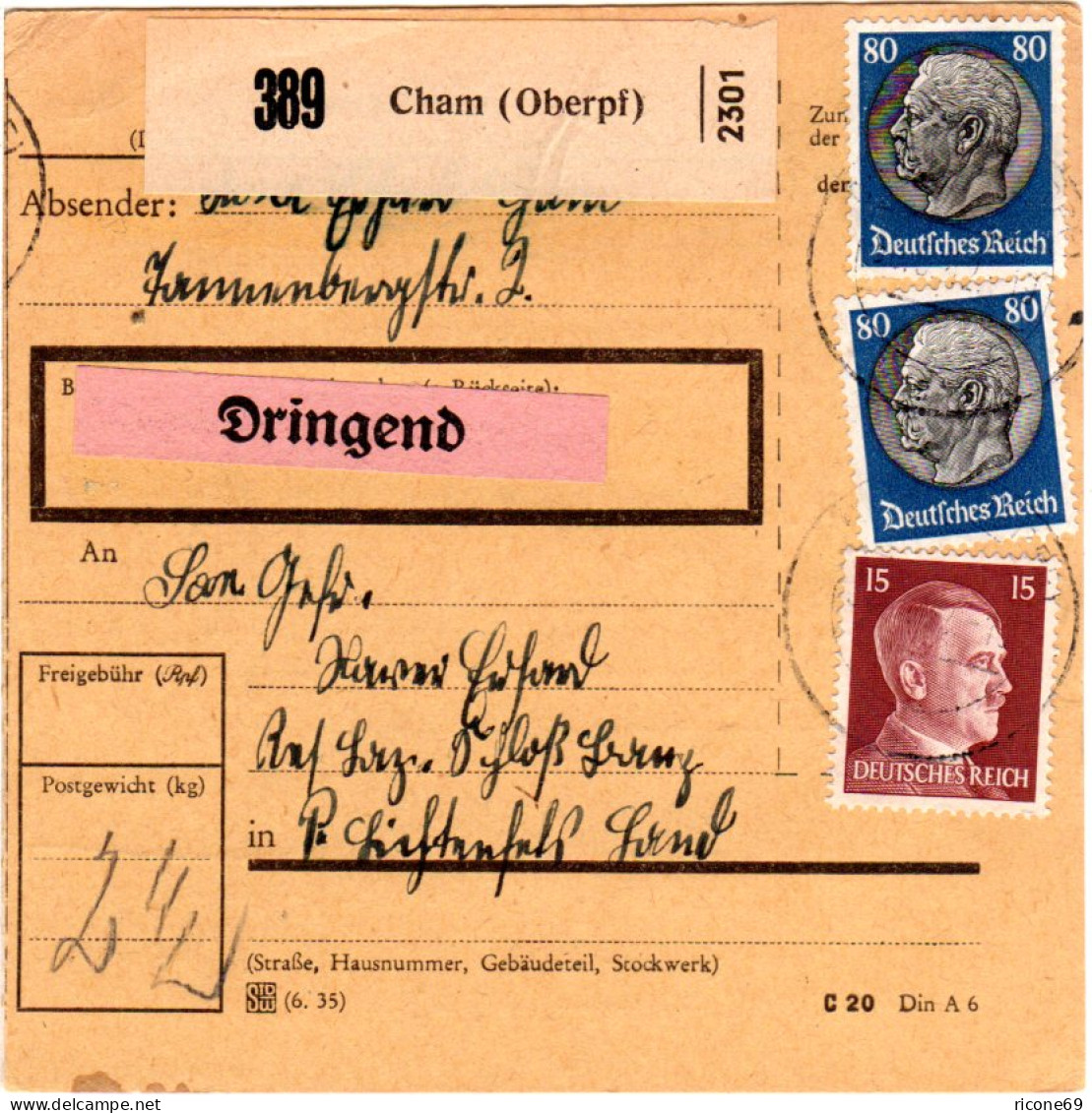 DR 1942, 15+2x 80 Pf. Auf Paketkarte V. CHAM M. Extragebühr F. DRINGEND - Covers & Documents