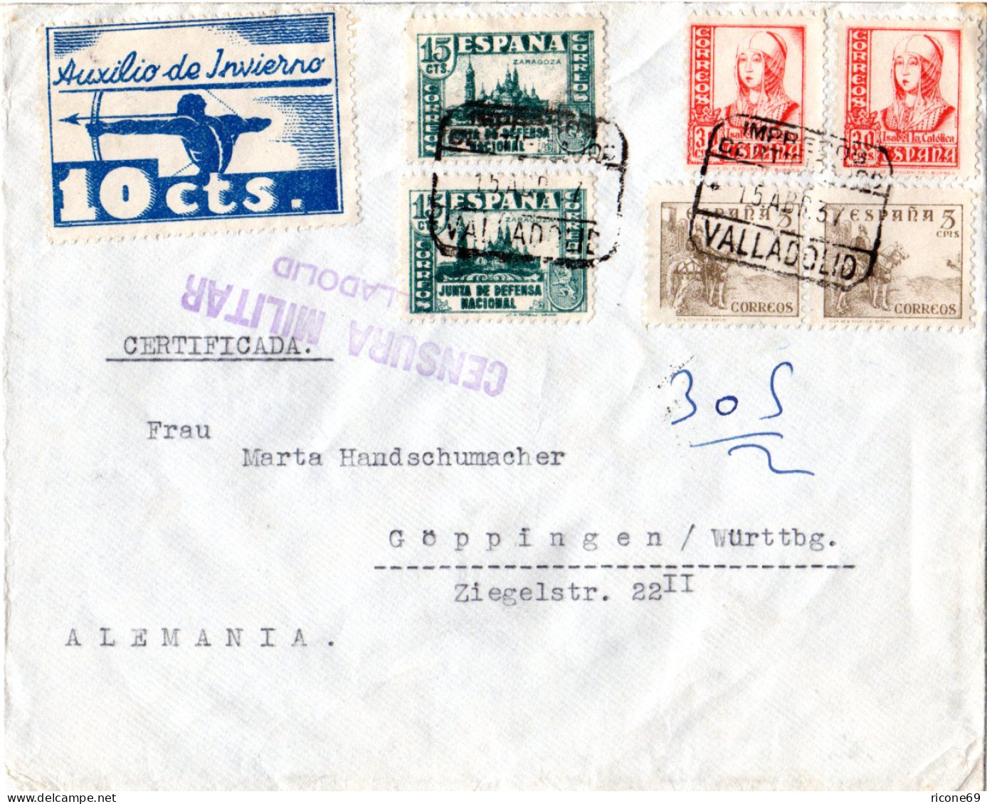 Spanien 1937, 6 Marken + 10 C. Winterhilfe Auf Einschreiben Brief V. Valladolid - Covers & Documents
