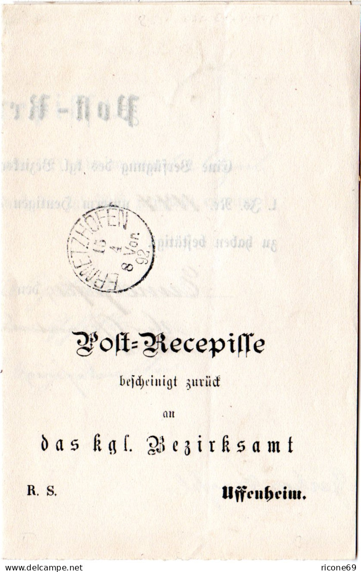 Bayern 1892, Post-Recepisse M. K1 ERMETZHOFEN N. Uffenheim - Briefe U. Dokumente