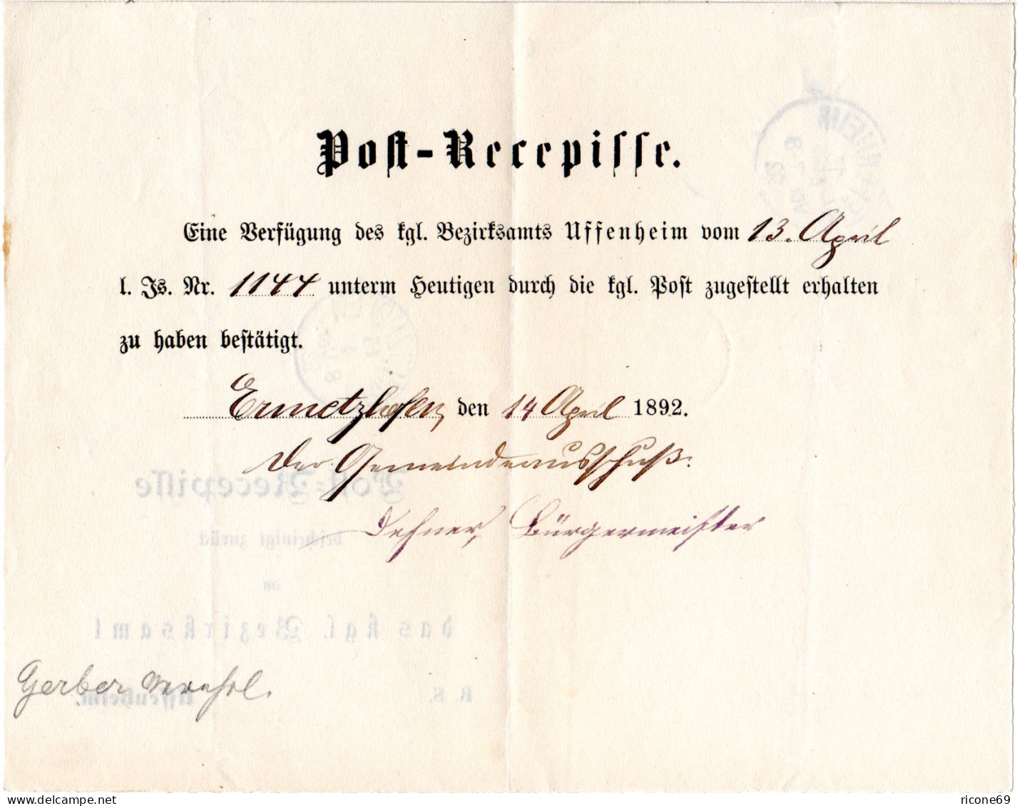 Bayern 1892, Post-Recepisse M. K1 ERMETZHOFEN N. Uffenheim - Briefe U. Dokumente