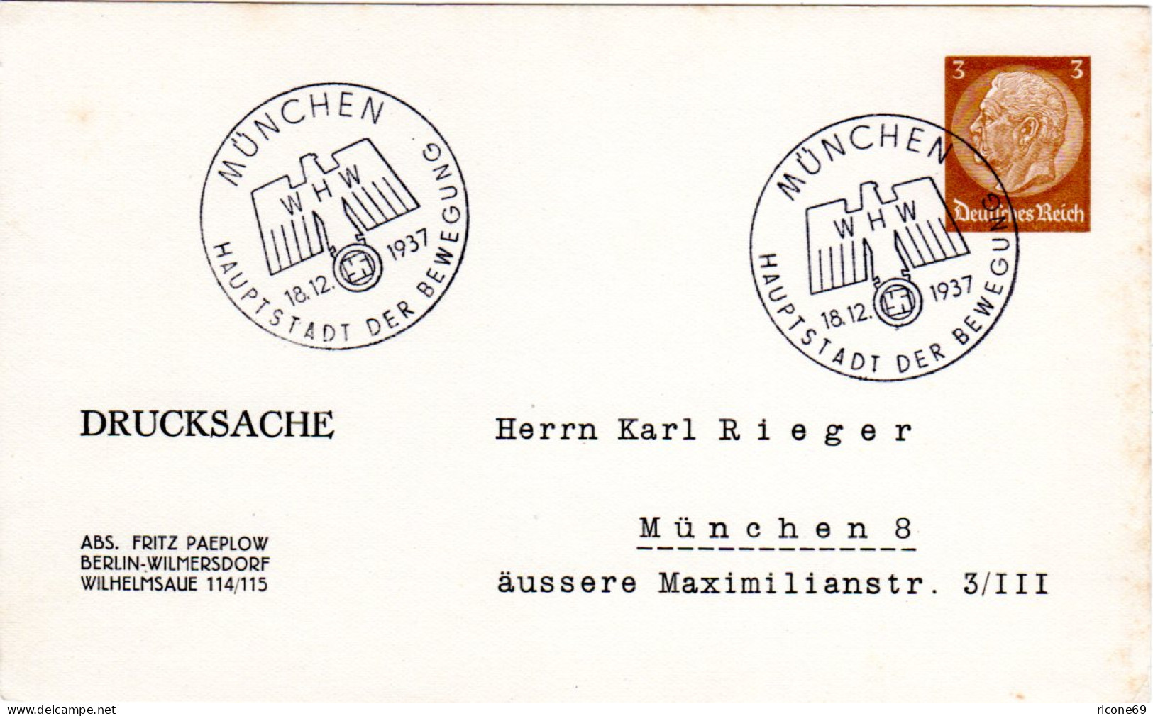 DR 1937, 3 Pf. Privat Ganzsache Karte M. WHW Sonderstpl. V. München - Lettres & Documents