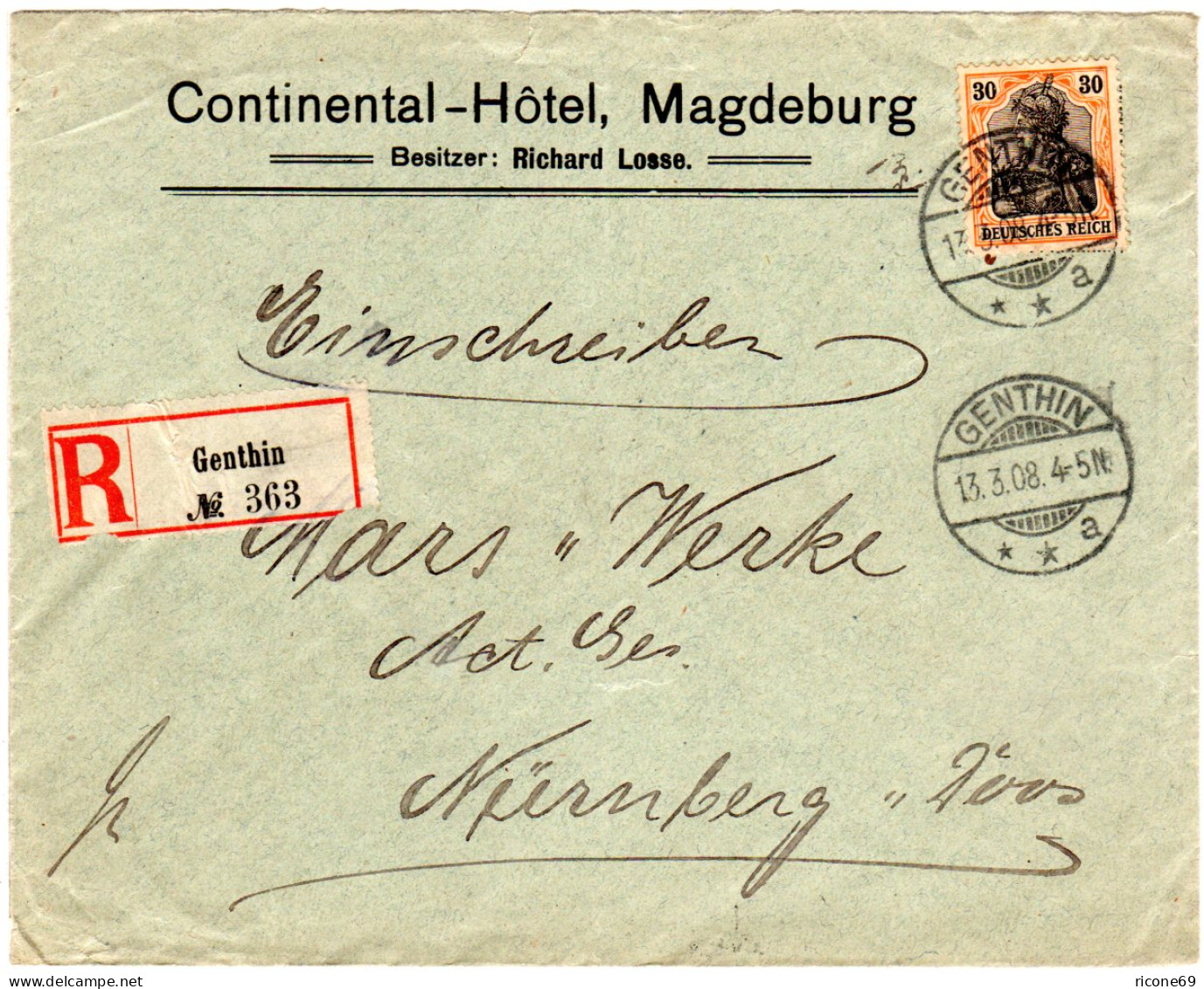 DR 1908, EF 30 Pf. Germania Auf Hotel Brief V. Genthin N. Nürnberg - Lettres & Documents