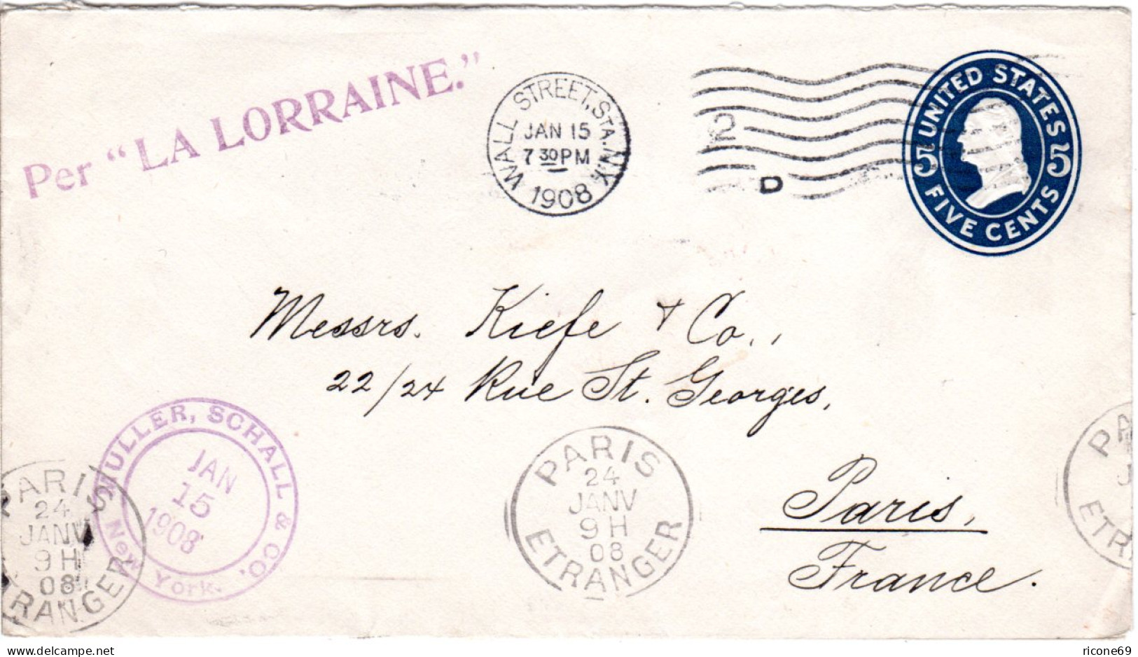 USA 1908, Schiff Stpl. Per "La LORRAINE." Auf 5 C. Ganzsache V. NY N. Frankreich - Altri & Non Classificati