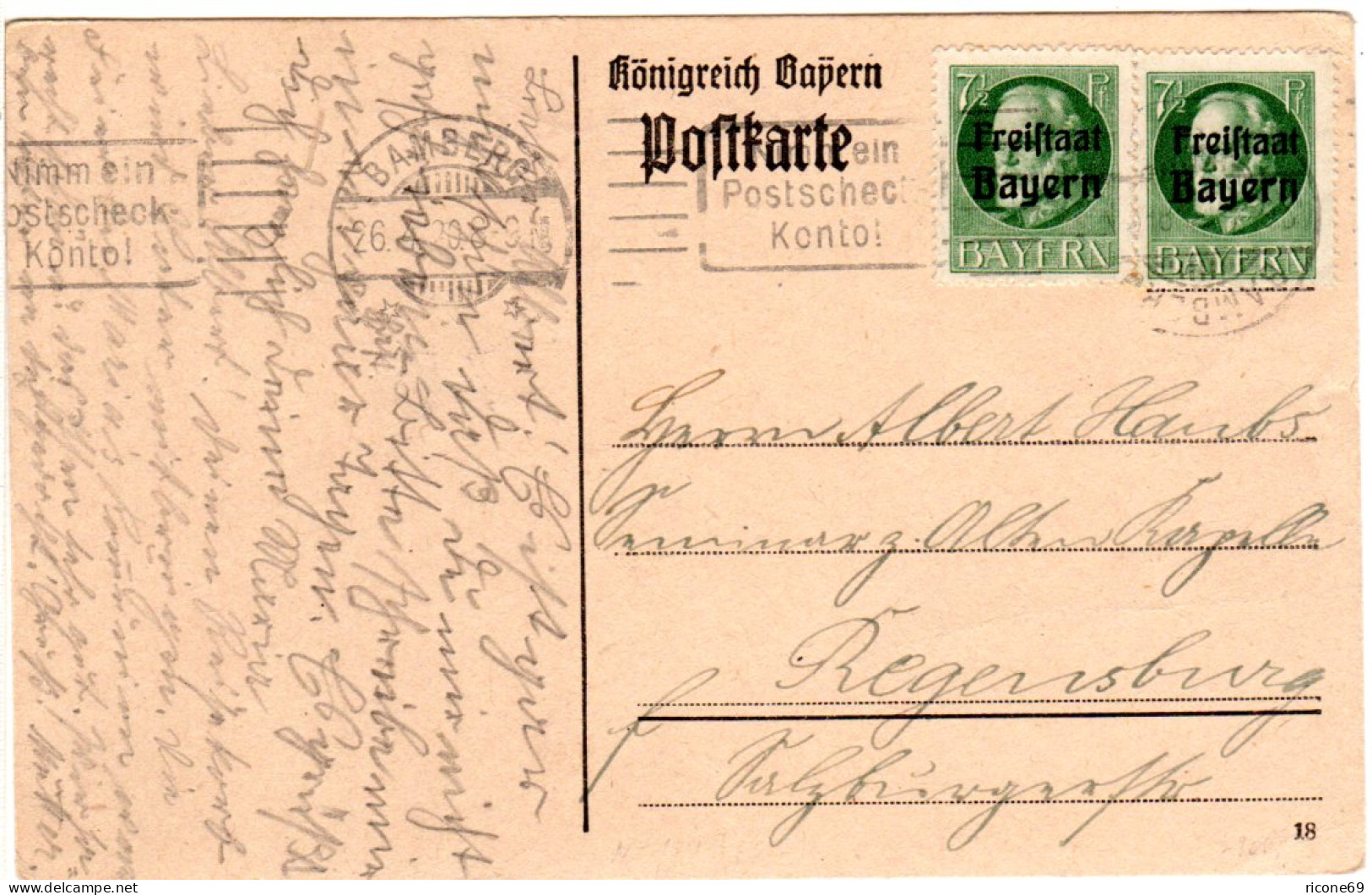 Bayern 1920, MeF 2x7 1/2 Pf. Auf Karte M. Maschinenstpl. (kopfstehend!) Bamberg - Lettres & Documents