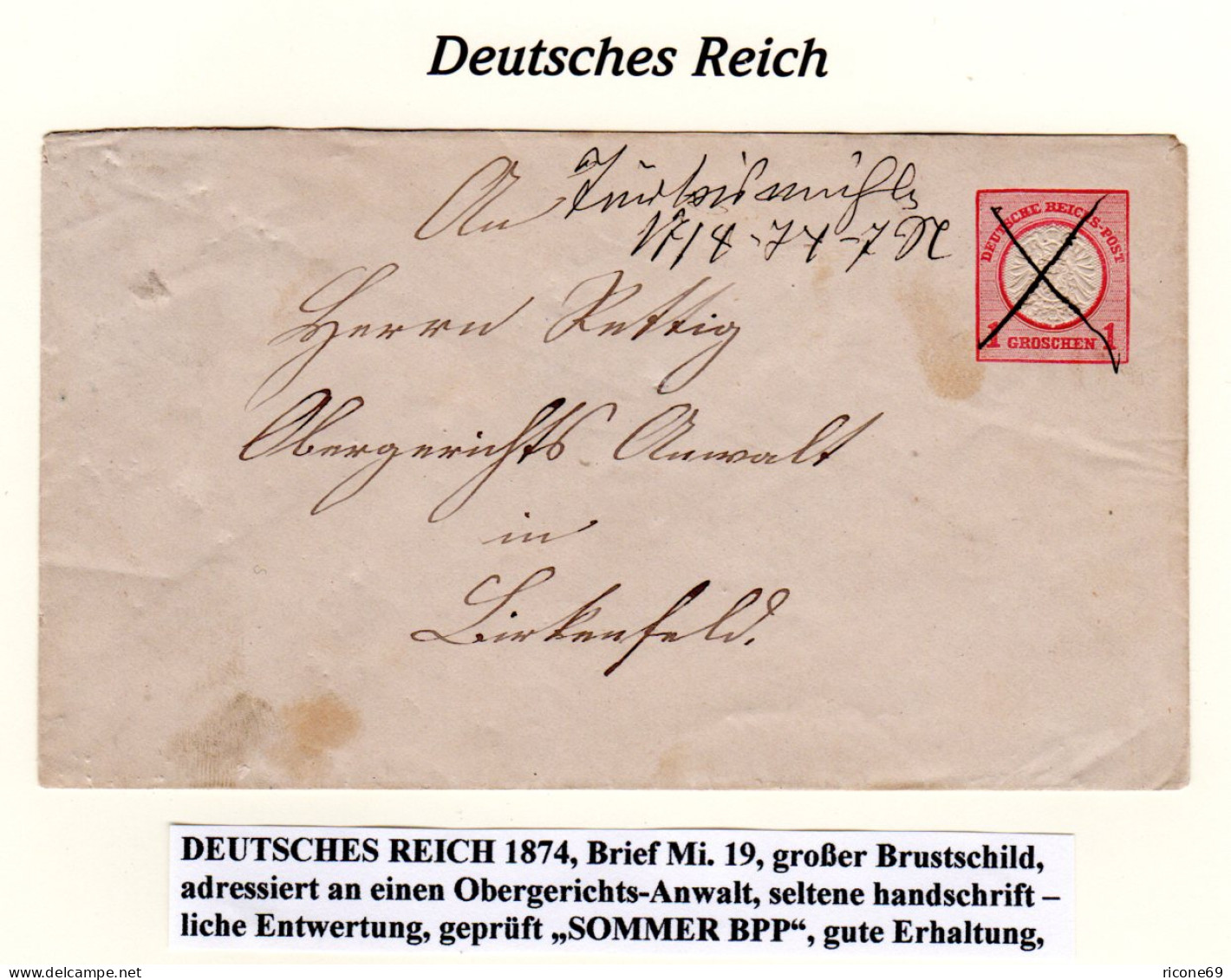 DR 1874, TÜRKISMÜHLE, Hds. Entwertung Auf 1 Gr. Ganzsache Brief N. Birkenfeld. - Lettres & Documents
