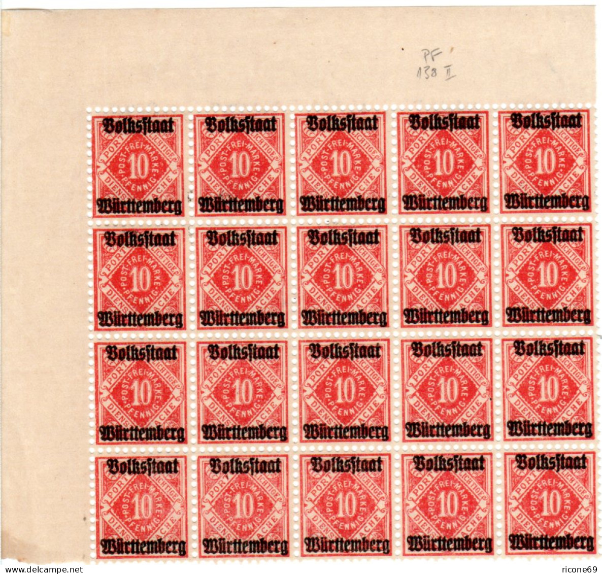Württemberg D 138, 10 Pf. Volksstaat, Bogenteil M. 20 Marken Inkl. Plattenfehler - Mint