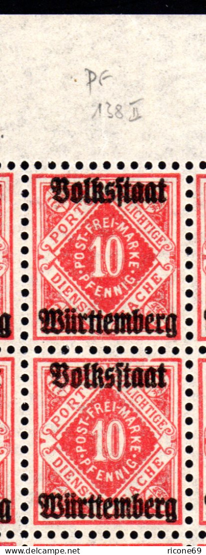 Württemberg D 138, 10 Pf. Volksstaat, Bogenteil M. 20 Marken Inkl. Plattenfehler - Neufs