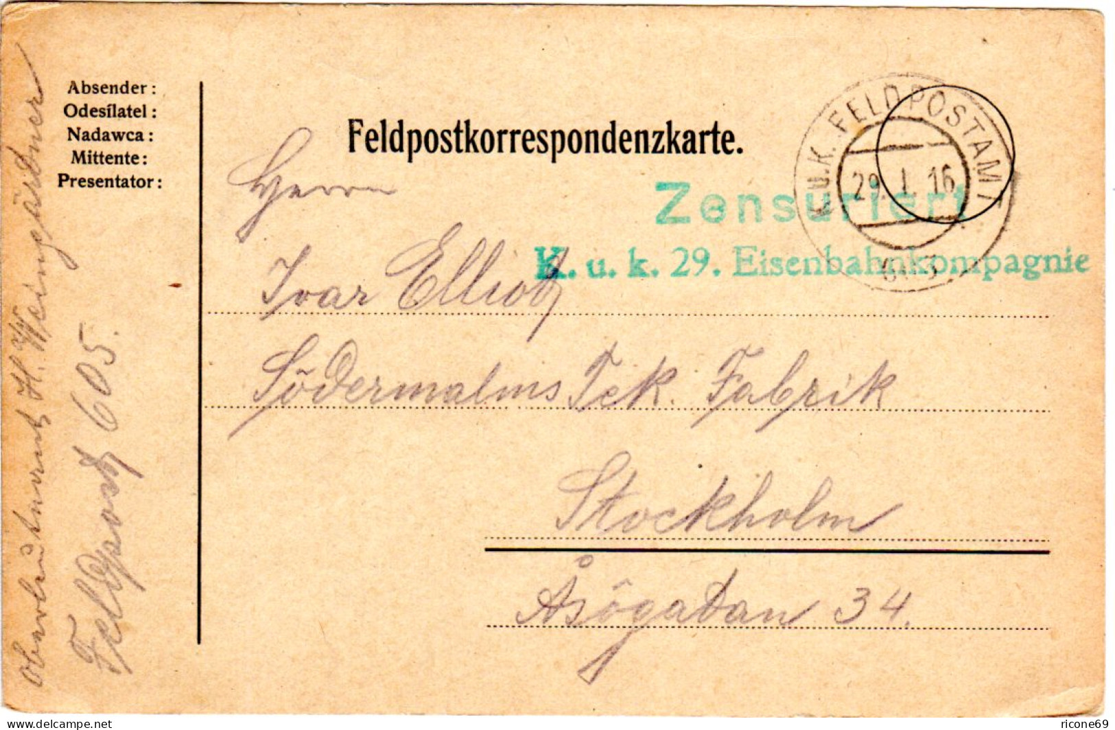 Österreich 1916, Eisenbahn Kompagnie Zensur-L2 Auf Karte M Stpl. Feldpostamt 605 - Covers & Documents