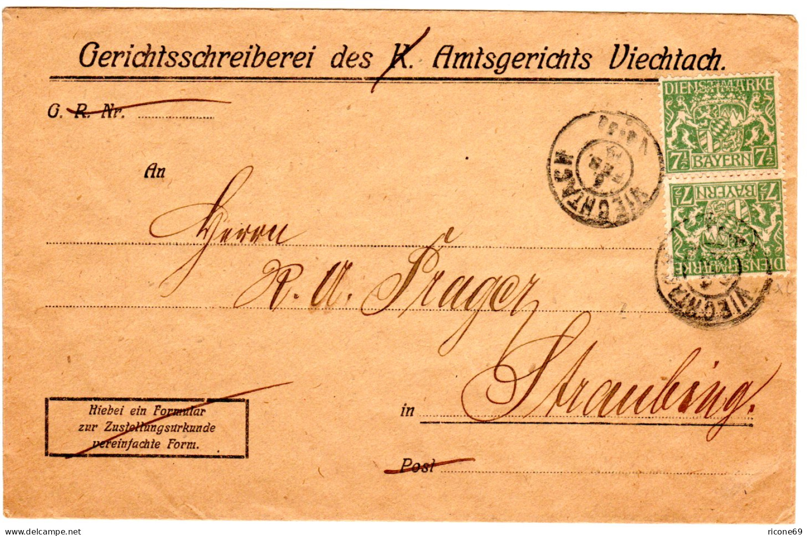 Bayern 1919, MeF 2x 7 1/2 Pf. Dienst Auf Brief V. VIECHTACH . Geprüft - Covers & Documents