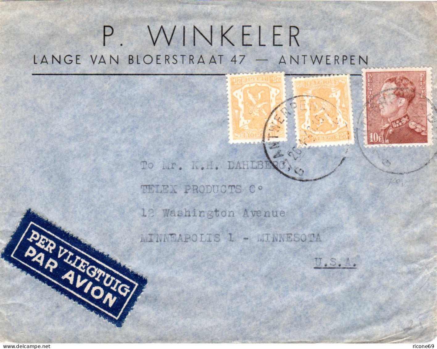 Belgien 1946, 10 Fr.+2x25 C. Auf Luftpost Brief V. Antwerpen N. USA - Autres & Non Classés