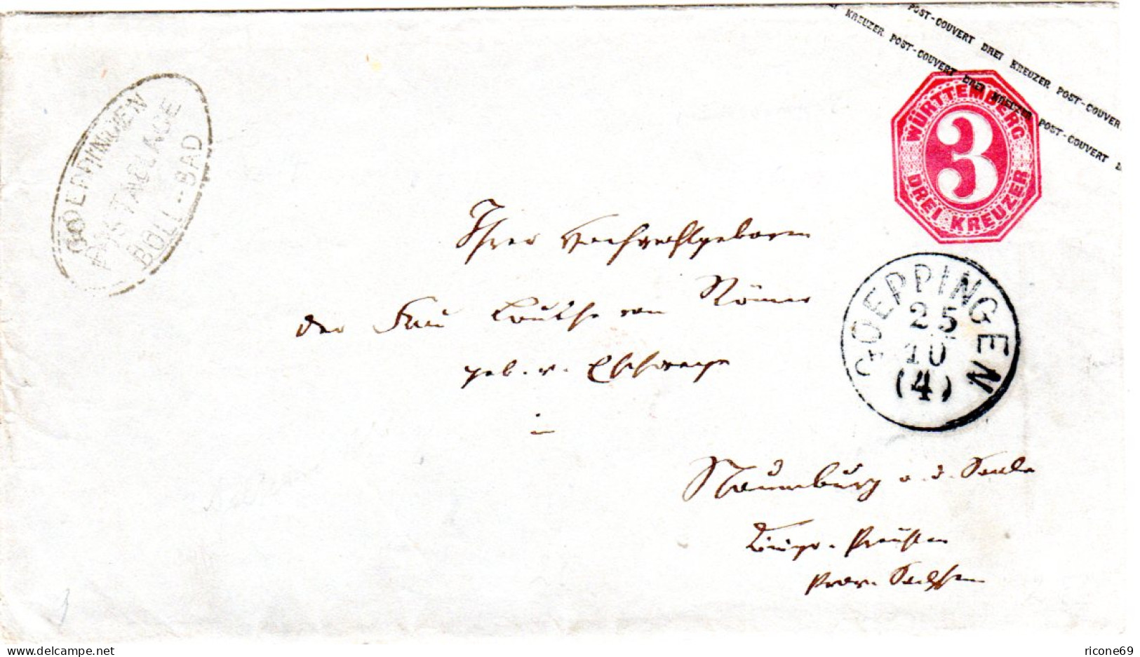 Württemberg, Göppingen Postablage Boll-Bad Auf 3 Kr. Ganzsache Brief N. Naumburg - Prephilately