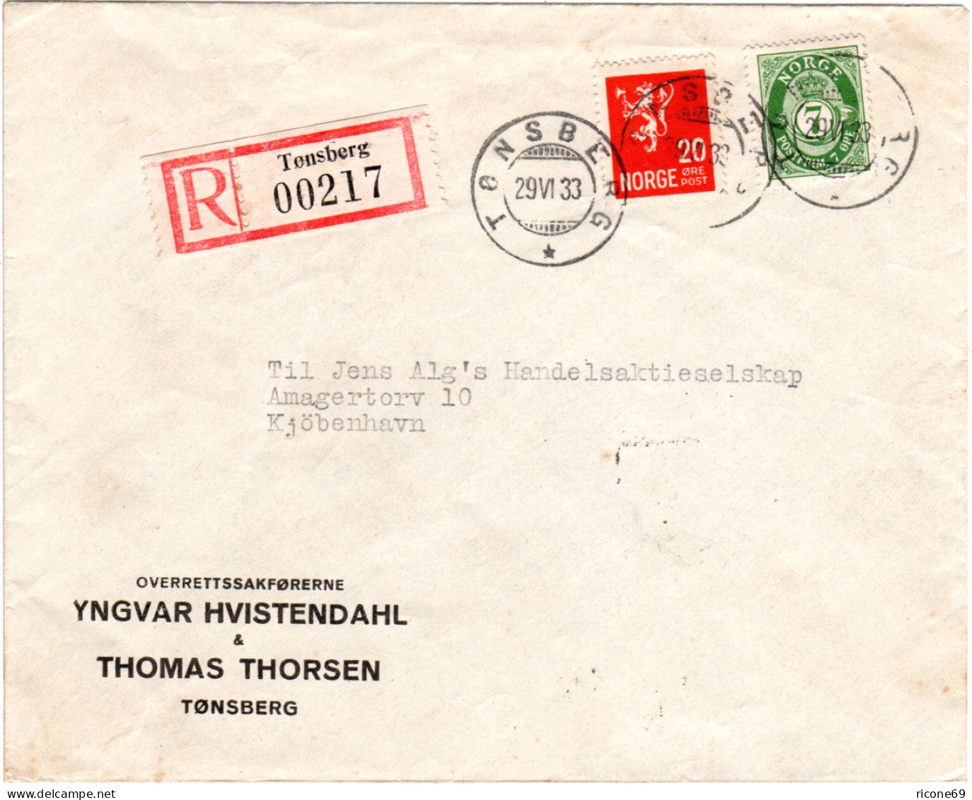 Norwegen 1933, 7+20 öre Auf Reko-Drucksache Brief V. Tönsberg N. Dänemark - Lettres & Documents